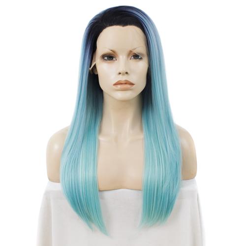 Premium Wig - Rooted Baby Blue Long Side Sweep Straight Lace Front Wig-Lace Front Wig-UNIQSO UK